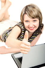lady doing thumbs up in front of her computer