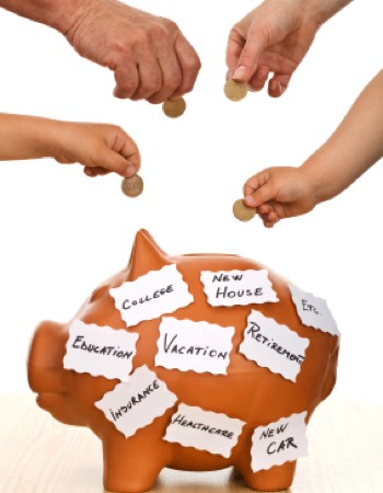 hands dropping coins in piggy bank for different types of purchases