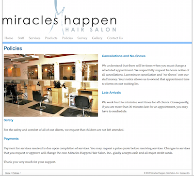 screenshot of miracles happen hair salon website