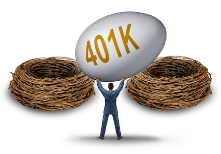 man holding giant 401k egg and two nests